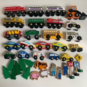 38pc Lot of Assorted Wooden Trains, Vehicles & Accessories